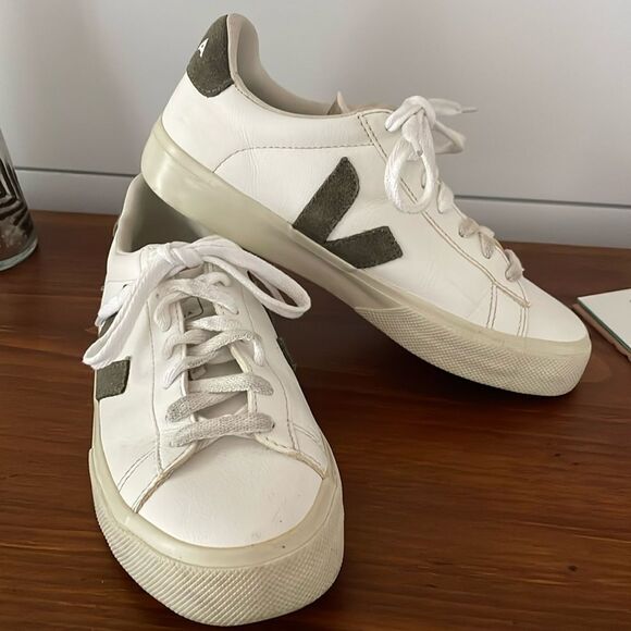 Veja Campo White Leather Sneakers with Gray Suede Logo - Picture 1 of 9